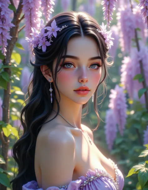 A beautiful young woman standing among blooming purple wisteria flowers, soft natural lighting, gentle breeze blowing her long dark hair, dreamy bokeh background, soft shadows, elegant and calm expression, delicate features, pastel lavender dress with ligh...