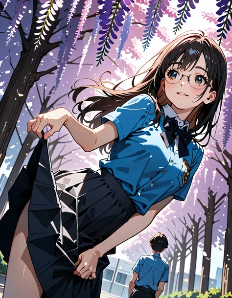 (score_9, score_8_up, score_7_up), source_Anime, absurd_res, white, blue, black, 2girls, duo, super fine illustration, an extremely delicate and beautiful, best quality, masterpiece, 8K, spring setting, wisteria flowers, gentle breeze, sunlight filtering t...