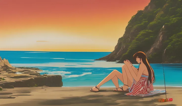 Drawn in 80’s anime art style. 
Retro anime. Vintage Anime. Classical Anime. 

Japanese Beach

1. Atmosphere & Mood
	•	Time of Day: Late afternoon into early evening—when the sun is low, casting long shadows and a golden glow over everything.

2. Landscape...