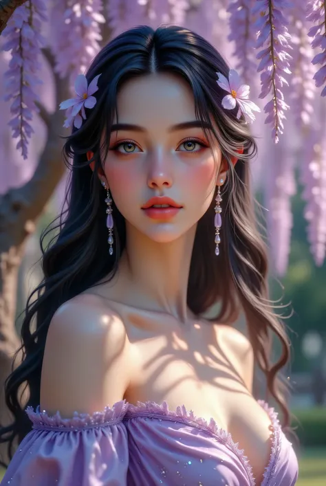 A beautiful young woman standing among blooming purple wisteria flowers, soft natural lighting, gentle breeze blowing her long dark hair, dreamy bokeh background, soft shadows, elegant and calm expression, delicate features, pastel lavender dress with ligh...