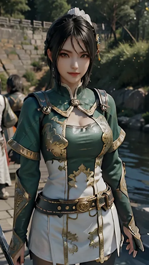 Hosei ,(best quality,4K,8k,high resolution,Artwork:1.2)(weather: In the Wind ), CHINESE VILLAGE BACKGROUND , Chinese Gardens, Striped top, long sleeve, white capelet, belt, Circle Skirt, gold trim, Black Pantyhose, high boots , eyeliner, short wavy hair,...
