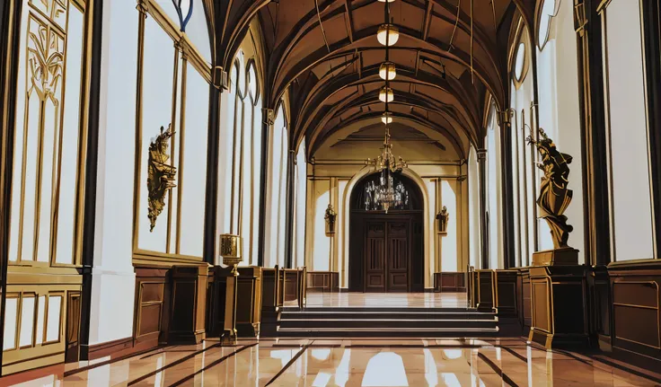 Drawn in 80’s anime art style. 
Retro anime. Vintage Anime. Classical Anime. 

Location: The Castle of the Four Gods (Main Hall)

Exhibition Hall

Main Gallery Halls
	•	Scale: Vast, echoing, and cathedral-like. Polished marble floors. High ceilings with va...