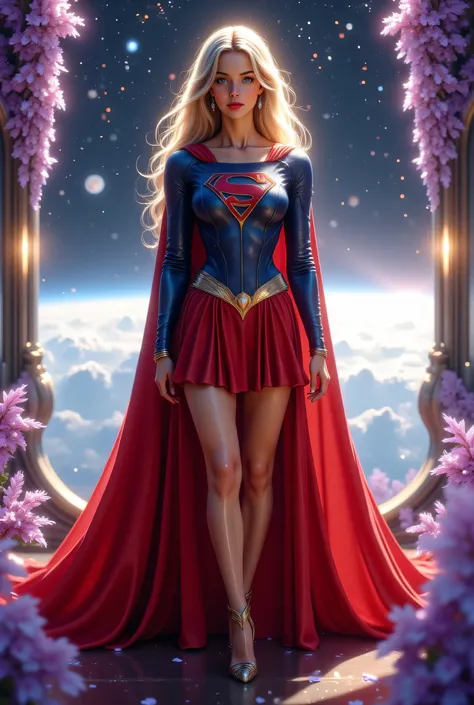 A hyper-realistic digital painting of Supergirl standing confidently in a futuristic space station, with a window view of Earth and stars in the background. She has long, flowing platinum blonde hair, a strong and serene expression, and wears a detailed, h...