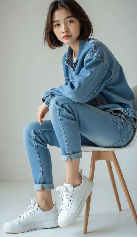 A pretty 18-year-old girl with short hair, sitting sideways on a modern chair, casually crossing one leg to highlight her stylish sneakers. The camera is positioned low and from the side, focusing on the sneaker in the foreground, making it the center of a...