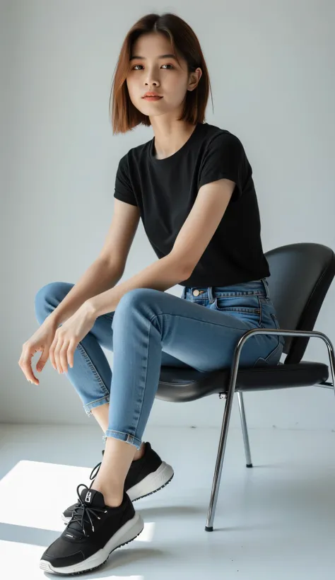 A pretty 18-year-old girl with short hair, sitting sideways on a modern chair, casually crossing one leg to highlight her stylish sneakers. The camera is positioned low and from the side, focusing on the sneaker in the foreground, making it the center of a...