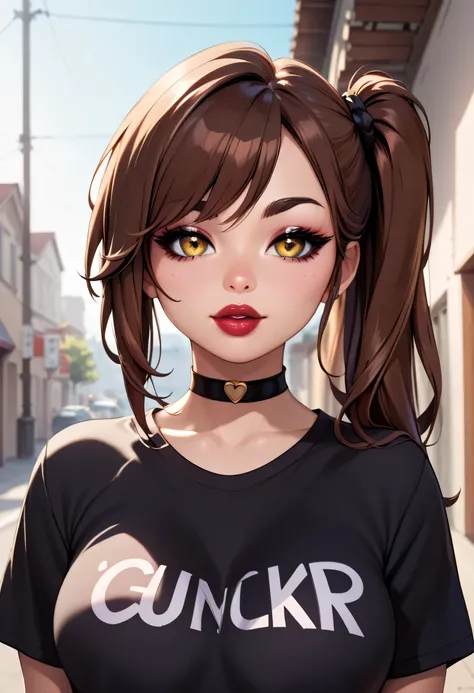 outdoors, 1girl, long hair, side ponytail, brown hair, black eyebrows, thin eyebrows, pink eyeshadows, big eyes, glowing golden eyes, lips, red lips, perfect face, beautiful girl, t-shirt, black t-shirt, medium breasts, black choker, looking at viewer