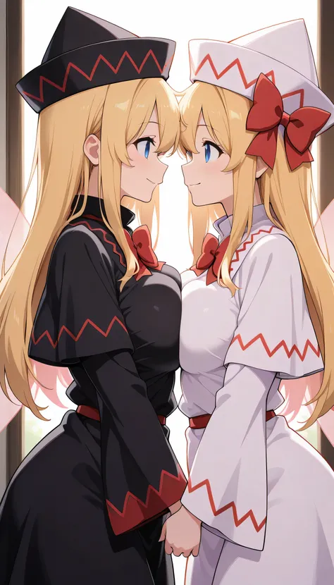 lily white, 2girl, solo, blue eyes, blonde hair, long hair, fairy wings,
white dress, white hat, bow, wide sleeves,
black dress, black hat, bow, wide sleeves,, breasts, , , multiple_girls, 2girls, large_breasts, , breast_press,  symmetrical_docking, , , lo...