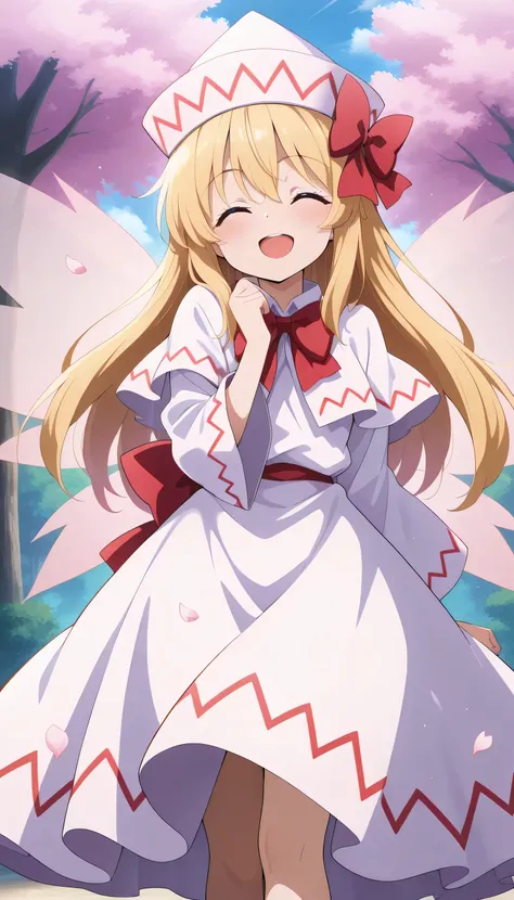 absurdres, highres, masterpiece, best quality, amazing quality, official anime artwork, screencap, anime screencap, outdoors, closed eyes, smile, blush , open mouth, dynamic pose, day,  sakura tree, light particles, petals, 
  lily white, 1girl, solo, blue...