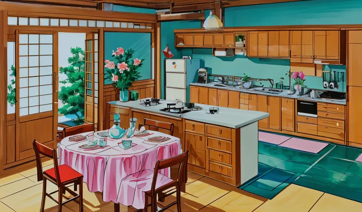 Drawn in 80’s anime art style. 
Retro anime. Vintage Anime. Classical Anime. 

Location: Kusagi Sister’s Apartment 
(Japanese Dining Area & Kitchen)

Interior Breakdown
	•	Kitchenette with tiled backsplash, chrome appliances, and hanging pans. Coffee pot a...