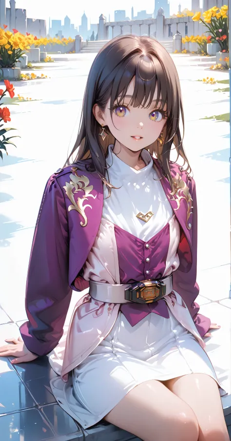(高精細CG), (best quality), Flower Field,1 girl, perfect face, wide hips, Slim waist, , purple bolero jacket,white skirt,long sleeve, Pink Belt, straight and long hair , brown hair, smiles,sit
