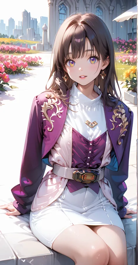 (高精細CG), (best quality), Flower Field,1 girl, perfect face, wide hips, Slim waist, , purple bolero jacket,white skirt,long sleeve, Pink Belt, straight and long hair , brown hair, smiles,sit