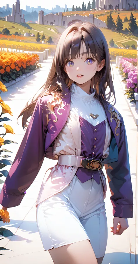 (高精細CG), (best quality), Flower Field,1 girl, perfect face, wide hips, Slim waist, , purple bolero jacket,white skirt,long sleeve, Pink Belt, straight and long hair , brown hair, smiles,