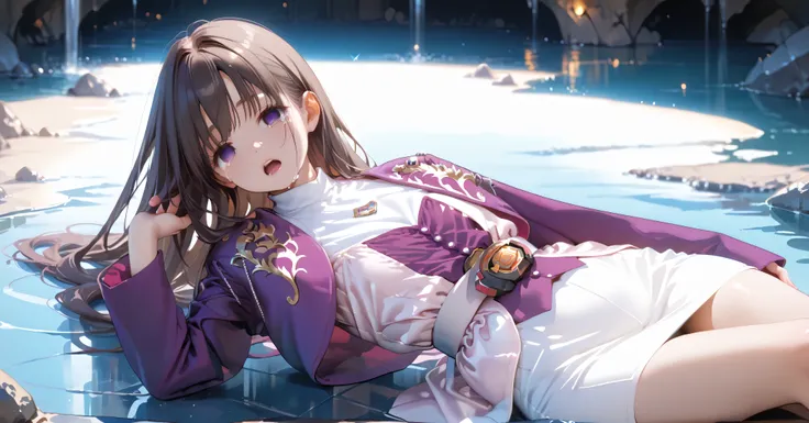 (高精細CG), (best quality), IN THE CAVE,1 girl, perfect face, wide hips, Slim waist, , purple bolero jacket,white skirt,long sleeve, Pink Belt, straight and long hair , brown hair, ((( empty eyes ))),crying,opening mouth,lying on the ground on your back,
