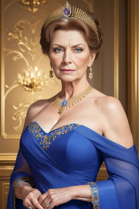 (best quality,4K,8k, HD Images, upper body, Artwork :1.2), very detailed,(realistic,photorealistic,photo-realistic:1.37), hall for people over 60 々Barrel Madame, queen ,Strong expression, ( Nancy Patricia D ..............'Alexander Pelos...