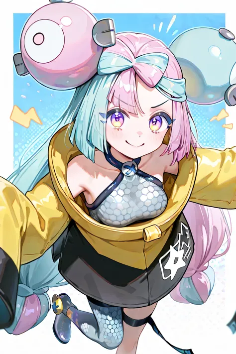 
iono (Pokémon Scarlet and Violet),  young girl , ((((Just 1 Iono)))), Medium breasts, very long hair, twintails, bicolor hair, light blue and pink hair, two-toned eyes, pink and blue eyes, ((joyful expression)), animated smile, extremely detailed face, la...