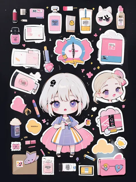 A beautiful stickers set featuring few items. Items: lipstick, mascara, perfume, high heel, designer bag. Each item is outlined as sticker.