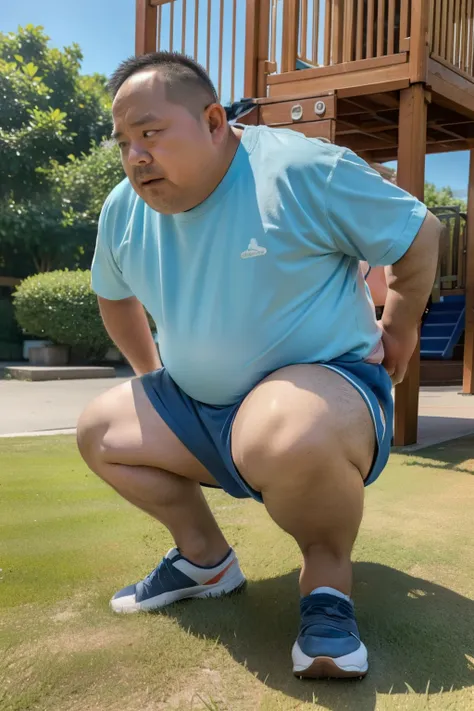 Thick Japan middle-aged man in his 50s, 1man, retarded, Dwarfism, He wears a light blue shorts, Bare Thighs, Pampers, shirtsless, ((peeing self, wetting self, pee stains,)), ((trembling, fear expression, scared, looking at viewer)), kindergarten background...