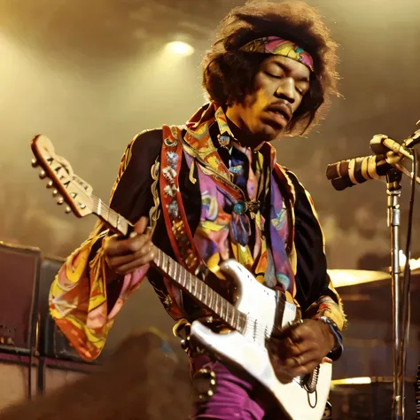 Left-handed guitarist, Jimi Hendrix, Jimi Hendrix, close-up, In a psychedelic costume, plays guitar, anatomically correct limbs, anatomically correct 5 fingers, Detailed description of guitar, Motion Blur,
