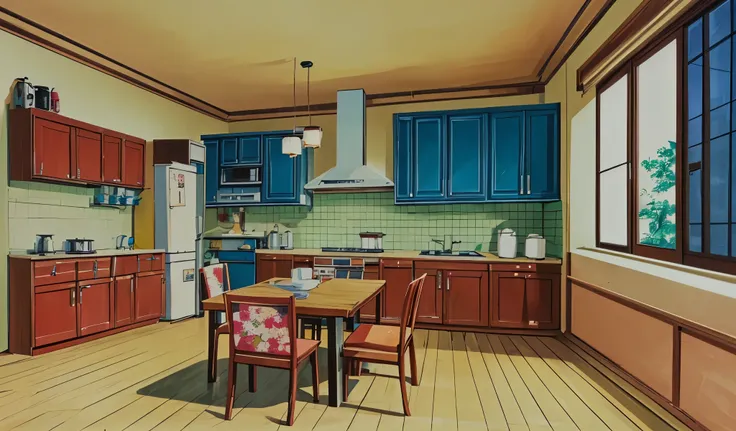 Drawn in 80’s anime art style. 
Retro anime. Vintage Anime. Classical Anime. 

Location: Kusagi Sister’s Apartment 
(Japanese Dining Area & Kitchen)

Interior Breakdown
	•	Kitchenette with tiled backsplash, chrome appliances, and hanging pans. Coffee pot a...
