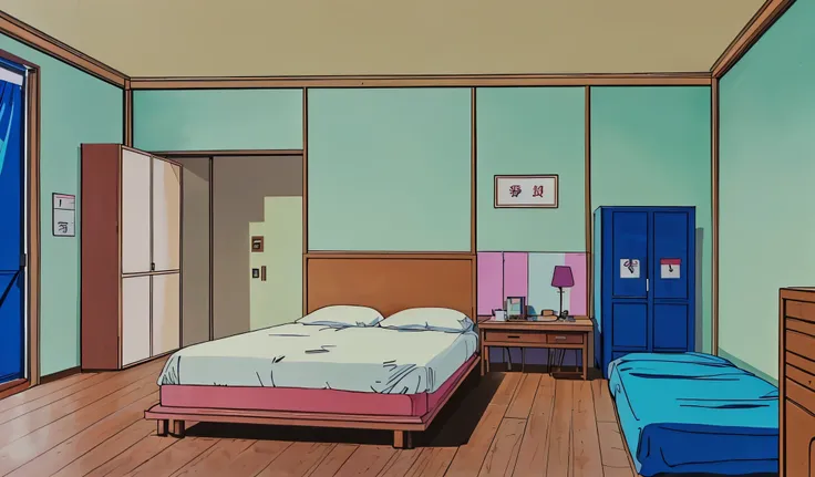 Drawn in 80’s anime art style. 
Retro anime. Vintage Anime. Classical Anime. 

Location: Kusagi Sister’s Apartment 
(Japanese Bedroom)

Interior Breakdown
	Bedrooms (Shared & Private)
	•	Ai’s Room: Minimalist and functional. School books, a workbench for t...