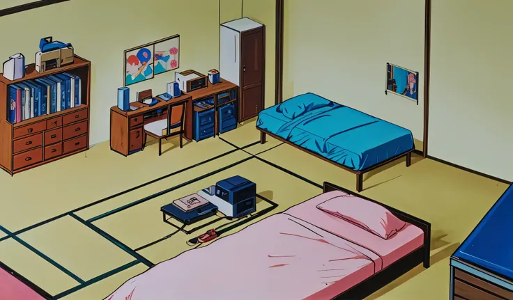 Drawn in 80’s anime art style. 
Retro anime. Vintage Anime. Classical Anime. 

Location: Kusagi Sister’s Apartment 
(Japanese Bedroom)

Interior Breakdown
	Bedrooms (Shared & Private)
	•	Ai’s Room: Minimalist and functional. School books, a workbench for t...