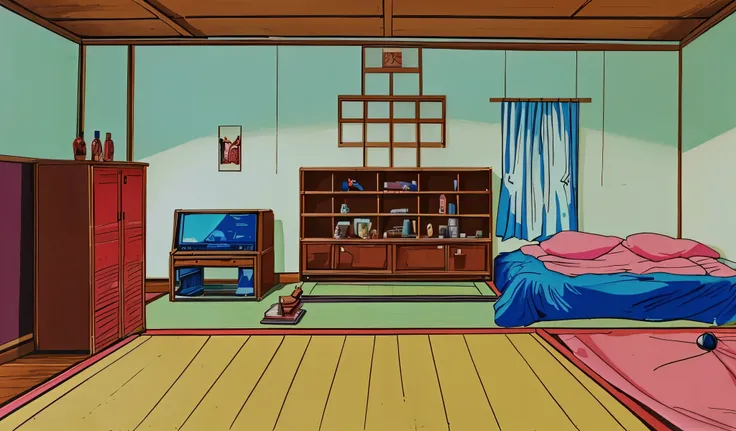Drawn in 80’s anime art style. 
Retro anime. Vintage Anime. Classical Anime. 

Location: Kusagi Sister’s Apartment 
(Japanese Bedroom)

Interior Breakdown
		•	Hitomi’s Room: Balanced—half shrine to their father, half personal space. Easel with sketches of ...