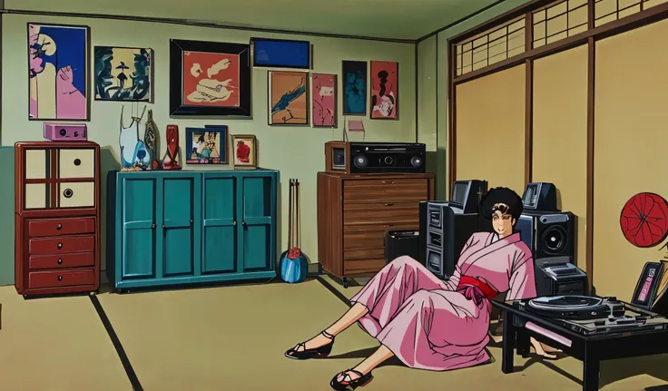 Drawn in 80’s anime art style. 
Retro anime. Vintage Anime. Classical Anime. 

Location: Kusagi Sister’s Apartment 
(Japanese Bedroom)

Interior Breakdown
	•	Rui’s Room: Stylish and mature. Fashion magazine clippings, jewelry cases, and a vintage record pl...