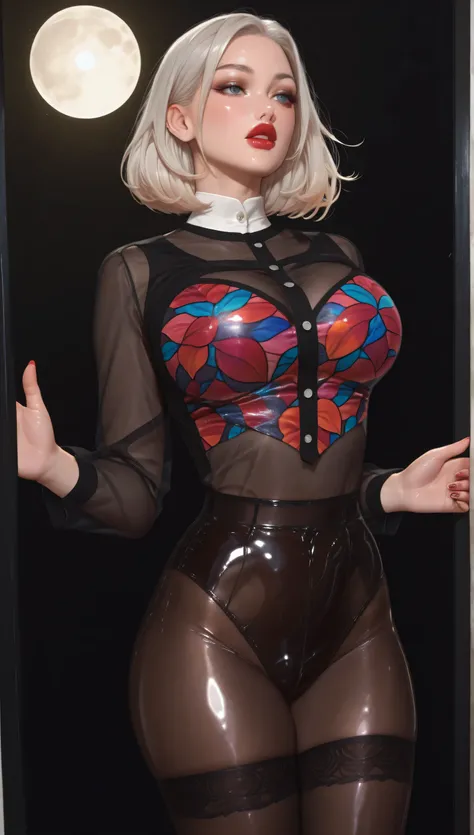 1 adult woman, solo, dynamic pose, dynamic image, erotic background, sexdoll, translucent, (masterpiece, best quality), sheer shiny stockings, vivid colored clothes, HDR, volumetric Lighting,