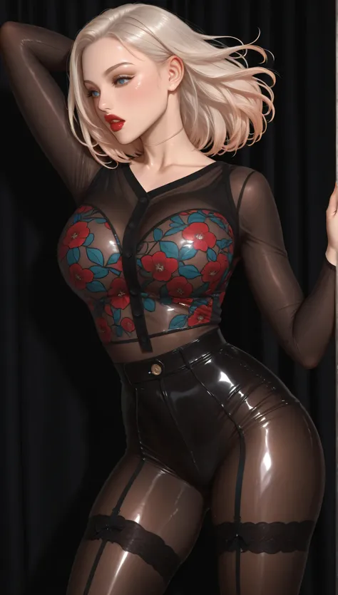 1 adult woman, solo, dynamic pose, dynamic image, erotic background, sexdoll, translucent:2.0, (masterpiece, best quality), sheer shiny stockings, vivid colored clothes, HDR, volumetric Lighting,