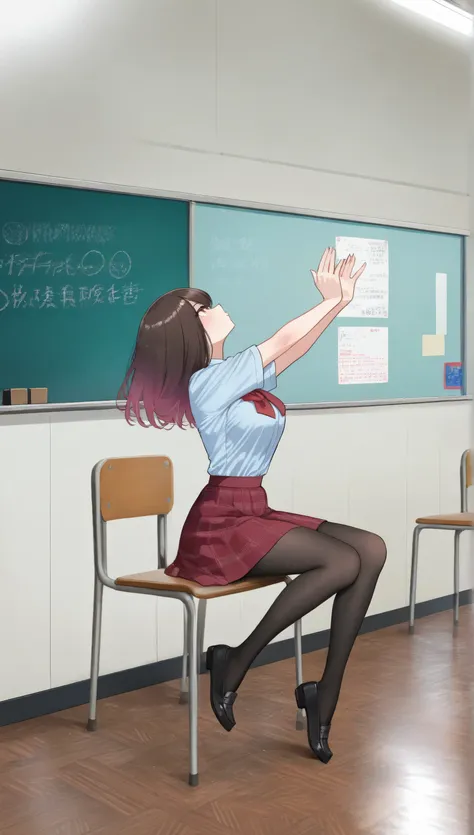 adult women, full body, sitting in a classroom, dynamic pose, red school uniform, sexdoll:1.0 (masterpiece, best quality), pantyhose, vivid colored clothes, HDR, volumetric Lighting, classroom background, dynamic image,