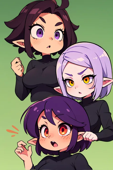 perfect face, purple hair, short hair, (forehead), purple eyebrows, thin eyebrows, (elf ears), (glowing brown eyes), (big eyes), black eyeliners, lips, dark red lips, (surprised), big lips, collarbone, cleavage, (huge breasts), shirt, black shirt