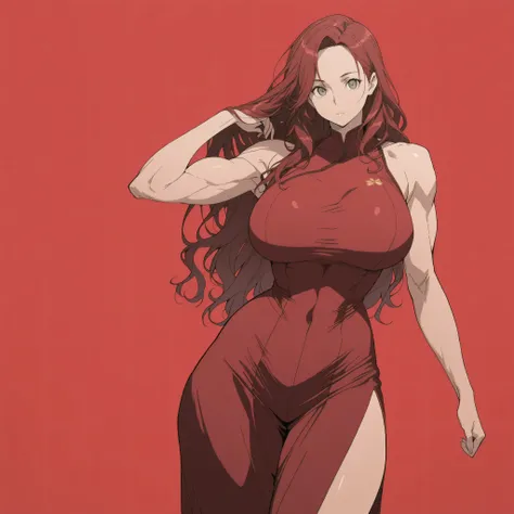 Her hair is long, thick, and red. It is naturally wavy. Her eyes are green. Her body: She has an athletic body, with prominent muscles and a feminine appearance. Her waist is slim, her hips are full, and her breasts are large, making her look strong and be...