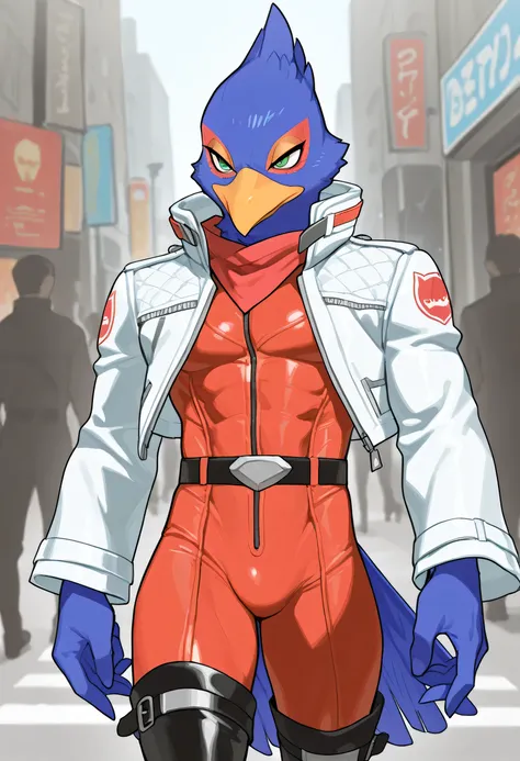 soft shading, 4k, hi res, detailed face, detailed, Best quality, masterpiece, detailed anatomy, detailed eyes, perfect shading, by Bebebebe, by Buta99, solo male, Falco lombardi, blue feathers body, tail, green eyes, lean muscle, red bodysuit, black belt, ...