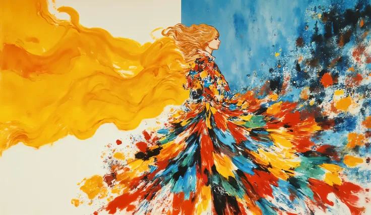 fashion illustration, illustration, fantasia surreal,   Beautiful girl with long wavy hair walks  using summer dress,  in Rio de Janeiro, Redentor, color palette Button Blue, Dark Yellow, Peridot, UE Red, Carmine,  morning, volumetric lights, ,  acrylic, f...