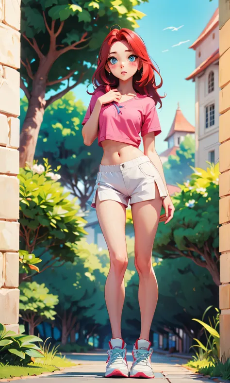 Masterpiece, high facial detail, una niña hermosa, thinand tall, skinny girl, an asian girl, Yuna from ITZY, redhead, long hair, short hair, blue eyes, blushing, a full body girl, flat chest, abdomen, textured skin, long legs, legs apart, sexy pose, white ...
