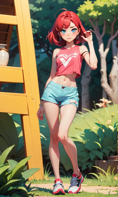 Masterpiece, high facial detail, una niña hermosa, thinand tall, skinny girl, an asian girl, Yuna from ITZY, redhead, long hair, short hair, blue eyes, blushing, a full body girl, flat chest, abdomen, textured skin, long legs, legs apart, sexy pose, white ...