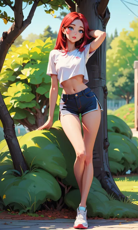 Masterpiece, high facial detail, una niña hermosa, thinand tall, skinny girl, an asian girl, Yuna from ITZY, redhead, long hair, short hair, blue eyes, blushing, a full body girl, flat chest, abdomen, textured skin, long legs, legs apart, sexy pose, white ...