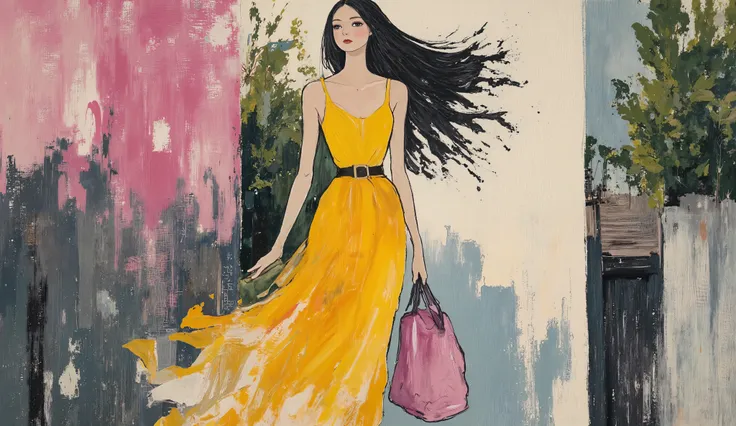 fashion illustration, illustration, fantasia surreal, Beautiful girl with long wavy hair walks using summer dress, in Rio de Janeiro, Redentor, color palette Button Black Chocolate, Army Green, Palm Leaf, Copper (Crayola), Dark Pastel Rede, morning, v...