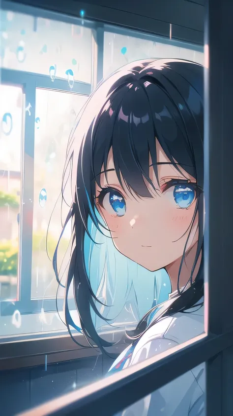 depth of field, Bokeh, Light Leak, （ Chromatic Aberration：1. 2) in their 40s　　(raindrops on the window)　　blue eyes　black hair　