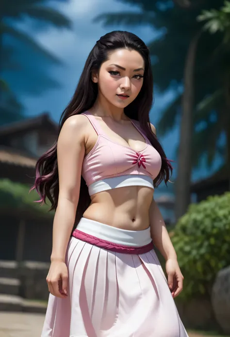 a close up of nezuko in a white skirt and pink top, sexy movie photo, her belly button is exposed, very seductive pose, navel, indian goddess, belly button showing, waist high, waist - shot, seductive pose, stylish pose, close body shot, tinyest midriff ev...