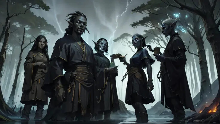 (dark and detailed digital art), ancient and deep elven forest, with titanic trunk trees shining in blue, ice-covered roots and luminous fungi, fog creeping across the floor, translucent spirits floating among the branches, magical empty-eyed creatures wan...