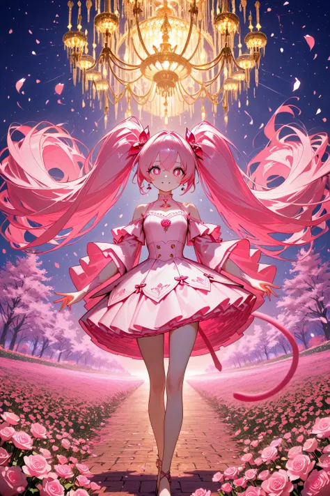 A girl,age:18,
Cute anime-style girl,
wearing a pink dress, a long twin tail, a little tearful with a big smile, sparkling large eyes, standing in the center, surrounded by colorful flowers (roses, cherry blossoms, sunflowers), luxurious golden “12th anni...