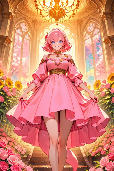 A girl,age:18,
Cute anime-style girl,
wearing a pink dress, a long twin tail, a little tearful with a big smile, sparkling large eyes, standing in the center, surrounded by colorful flowers (roses, cherry blossoms, sunflowers), ((luxurious golden “12th an...