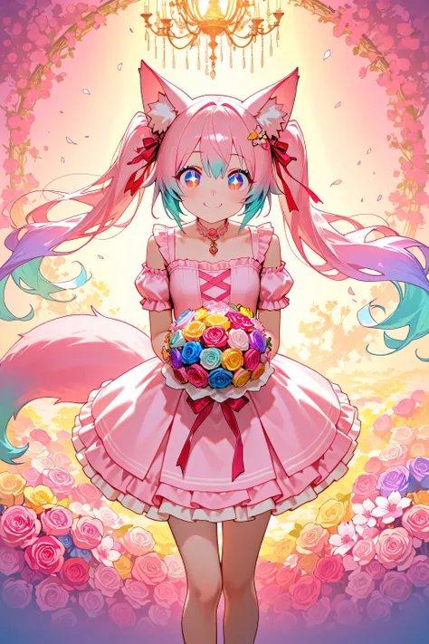 (("12th anniversary")), wearing a pink dress, a long twin tail, a little tearful with a big smile, sparkling large eyes, standing in the center, surrounded by colorful flowers (roses, cherry blossoms, sunflowers), characters on the background, shining pas...