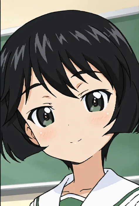utsugi yuuki,black eyes,ooarai school uniform,black tie,classroom,face focus,front view,looking at viewer,