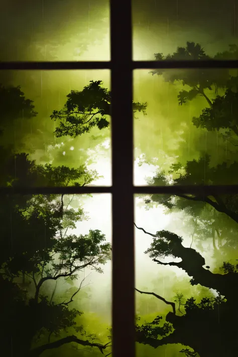 (best quality, ultra detailed, high-res), macro shot through countless raindrops on a window, blurred forest in the distance, distant green forest through the window, soft lighting, Totoro, Silhouette