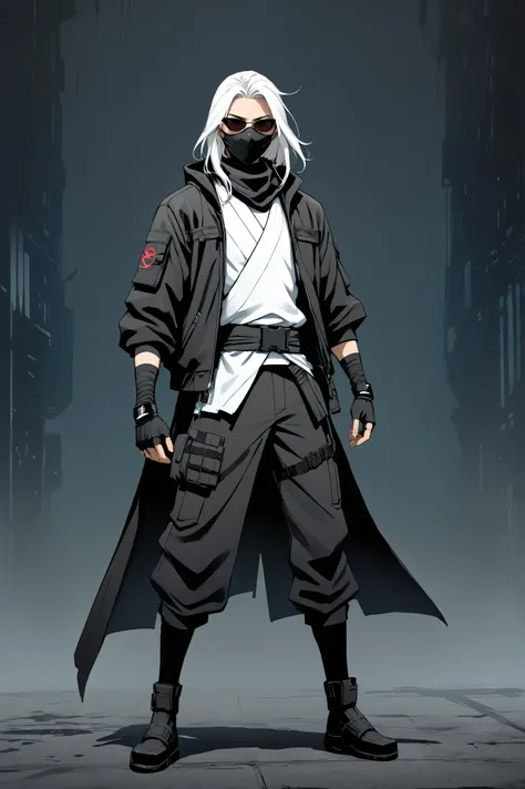 tall, fullbody, ninja, witch robe, Black tactical jacket, gloved hands, masked face, Shades, white dyed hair, medium middle part down hair, dark cyberpunk backdrop, plain right arm band