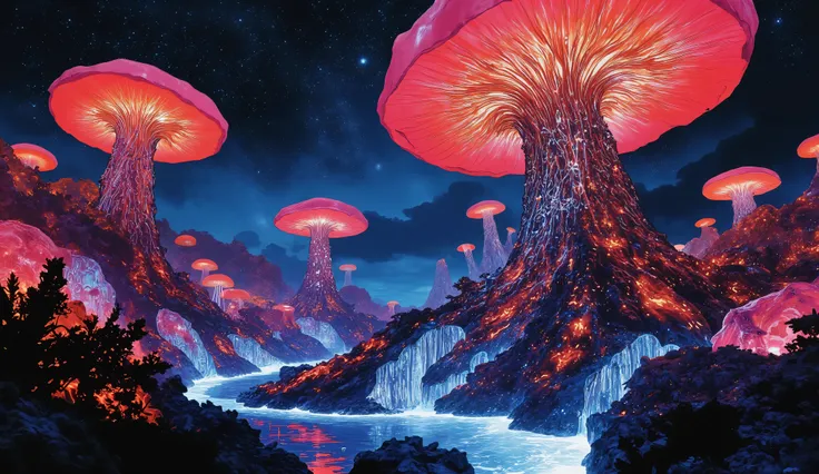 A futuristic elven civilization living in harmony with nature on an alien planet — elegant, ethereal elves with advanced technology integrated into organic structures. Their architecture blends seamlessly into the environment, with sleek bioluminescent tow...