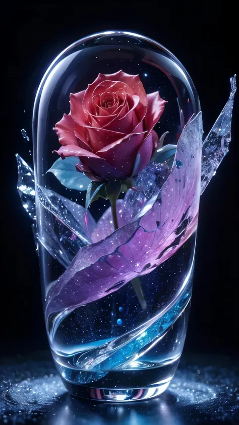 8k,best quality, masterpiece, ultra high resolution, 1 big colorful rose, Rose in the Galaxy, all the petals are different colors, Crystal Flowers ,ice theme, starry sky, 