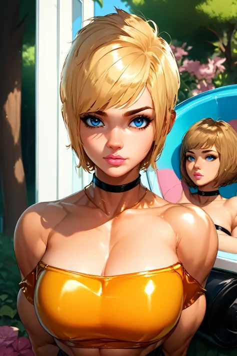 (Short Hair) ((Blonde Hair)) (Perfect Face) (Beautiful) (Female Muscles) ((Women)) (Perfect Body) (Black Mini Tube Top, Mini Tube Top) (Black Choker) (Brown Thin Eyebrows, Blue Eyes) (Nose, Lips, Pink Lips) (Park Happy, Trees, Flowers) (Arms Behind Back)